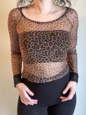 RAMPAGE Y2K Leopard Print Mesh Long Sleeve Crop Sheer M